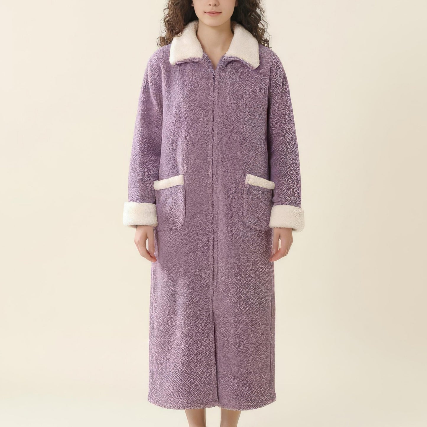 Long Plush Zip Front Robe with Stand Collar Front Pockets Soft Fleece Robe