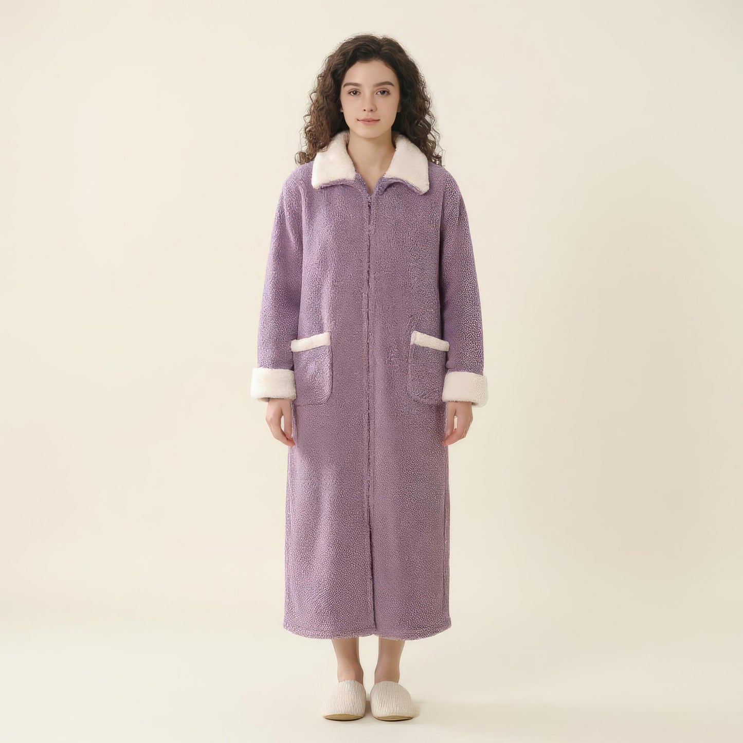 Long Plush Zip Front Robe with Stand Collar Front Pockets Soft Fleece Robe
