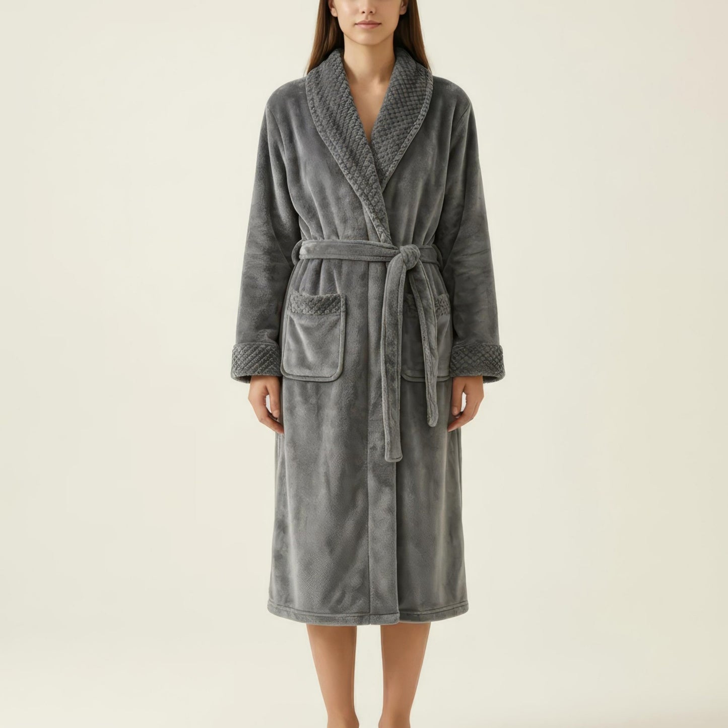 Long Plush Robe with Shawl Collar Tie Waist Belt Front Pockets Soft Fleece Robe