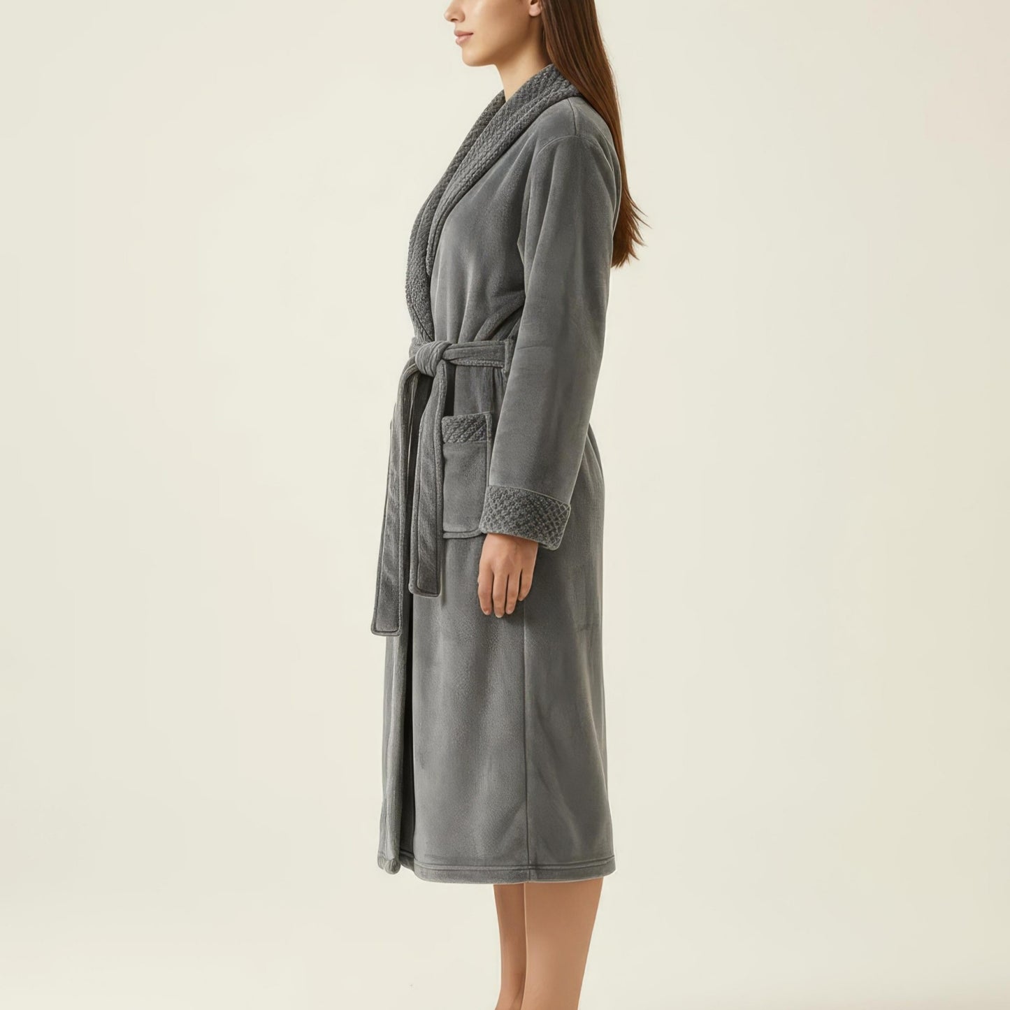Long Plush Robe with Shawl Collar Tie Waist Belt Front Pockets Soft Fleece Robe