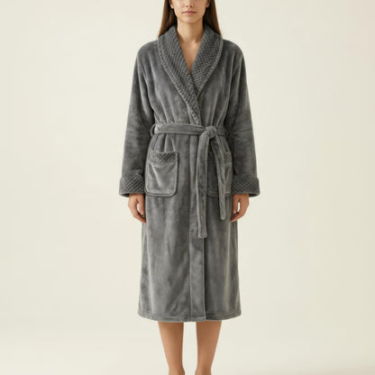 Long Plush Robe with Shawl Collar Tie Waist Belt Front Pockets Soft Fleece Robe