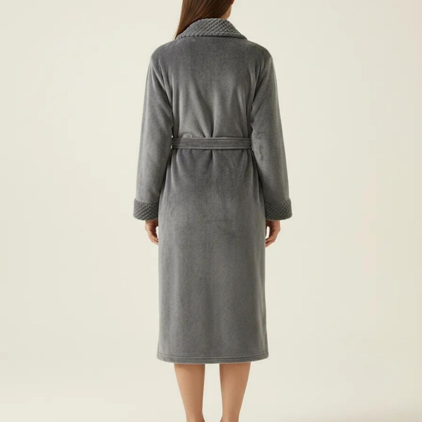 Long Plush Robe with Shawl Collar Tie Waist Belt Front Pockets Soft Fleece Robe