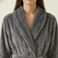 Long Plush Robe with Shawl Collar Tie Waist Belt Front Pockets Soft Fleece Robe