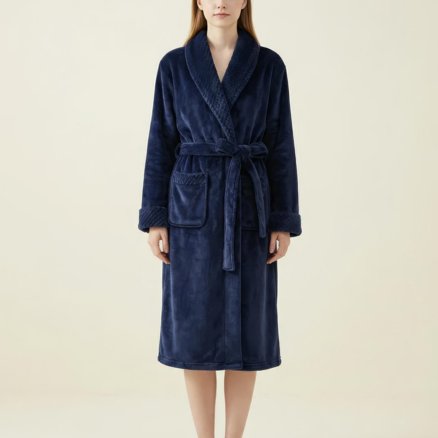 Long Plush Robe with Shawl Collar Tie Waist Belt Front Pockets Soft Fleece Robe