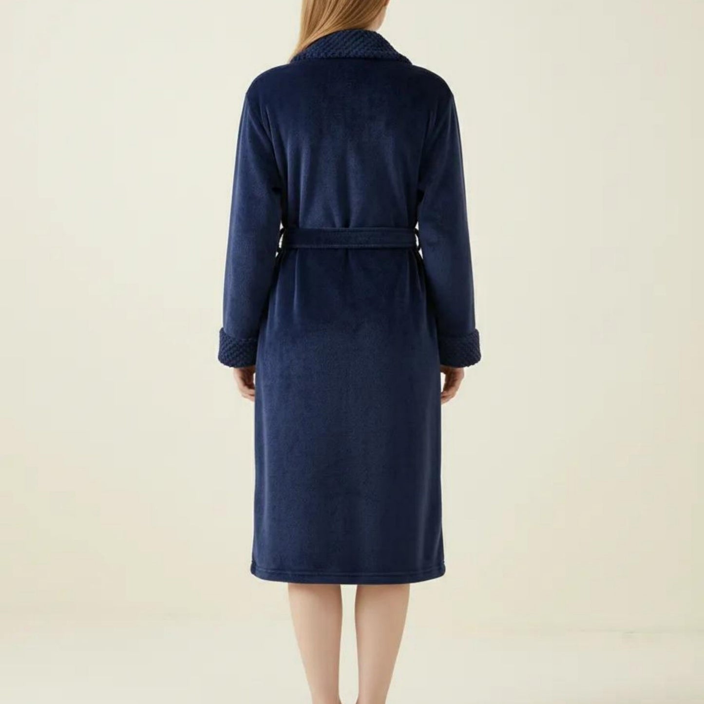 Long Plush Robe with Shawl Collar Tie Waist Belt Front Pockets Soft Fleece Robe