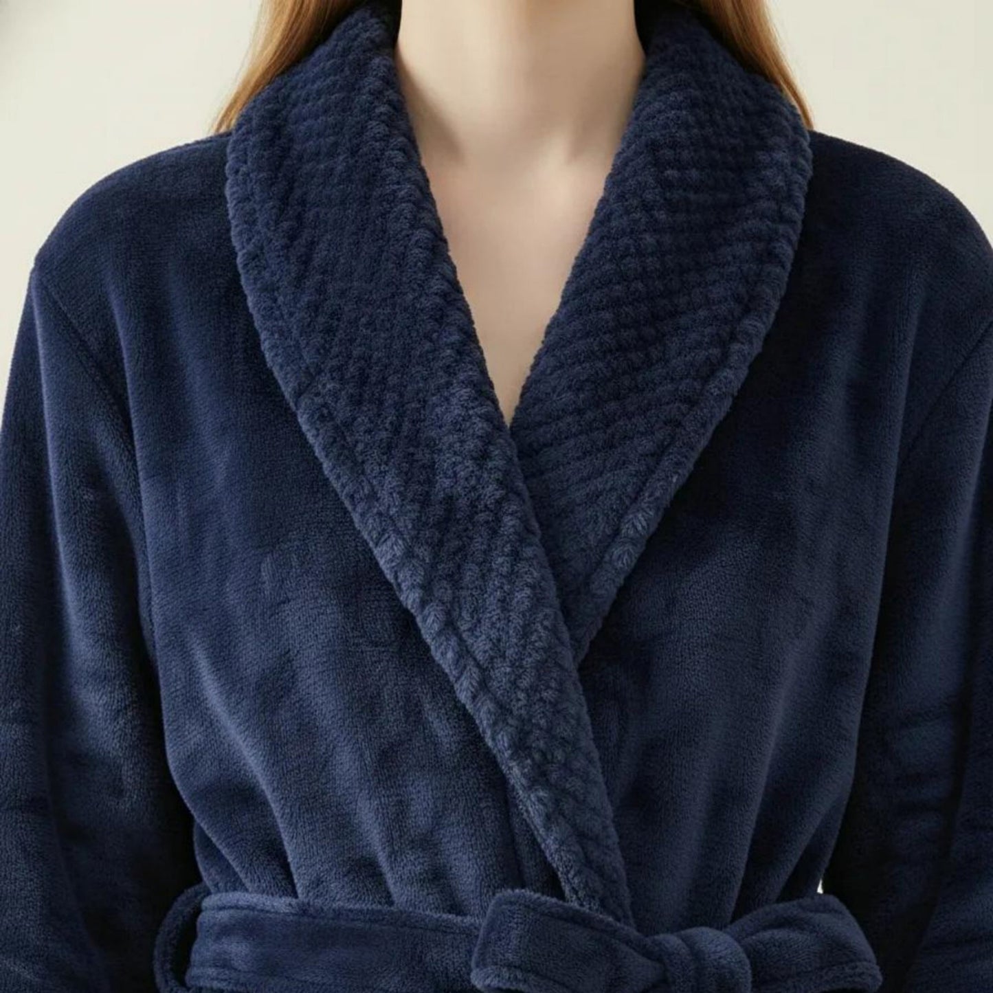 Long Plush Robe with Shawl Collar Tie Waist Belt Front Pockets Soft Fleece Robe