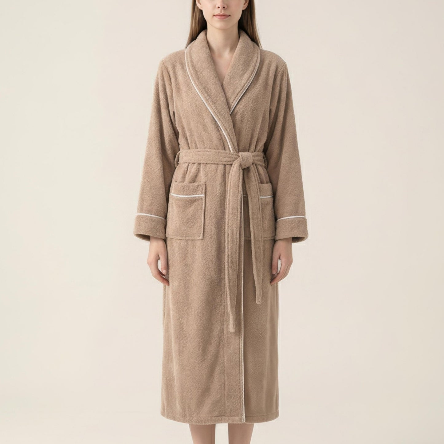 Long Plush Robe with Shawl Collar Tie Waist Belt Front Pockets Soft Fleece Robe