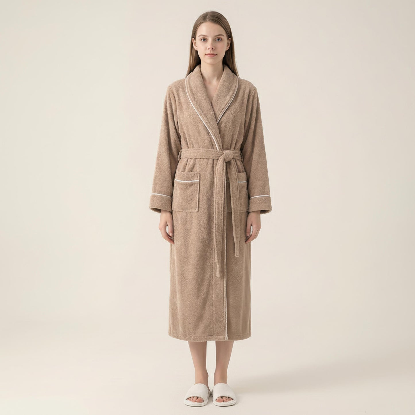 Long Plush Robe with Shawl Collar Tie Waist Belt Front Pockets Soft Fleece Robe