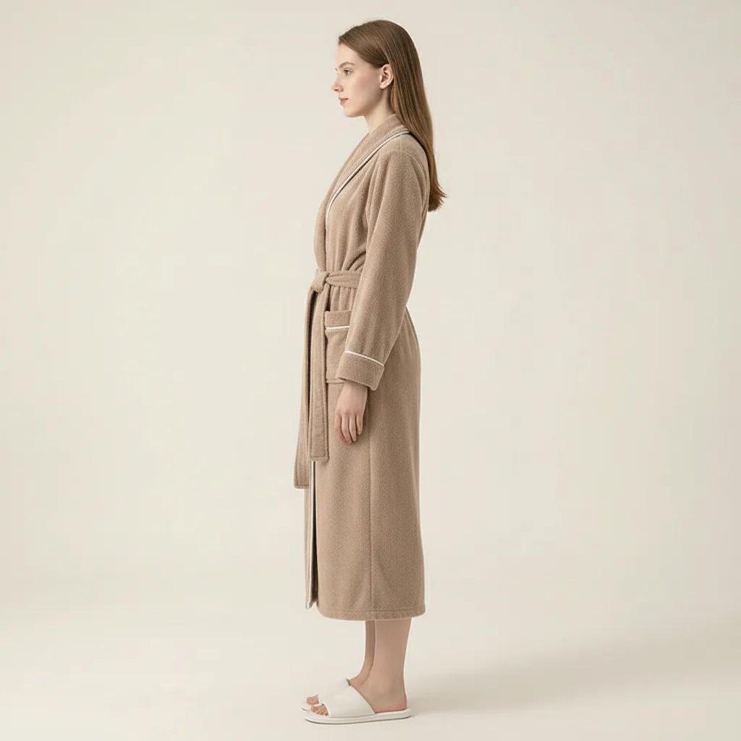Long Plush Robe with Shawl Collar Tie Waist Belt Front Pockets Soft Fleece Robe