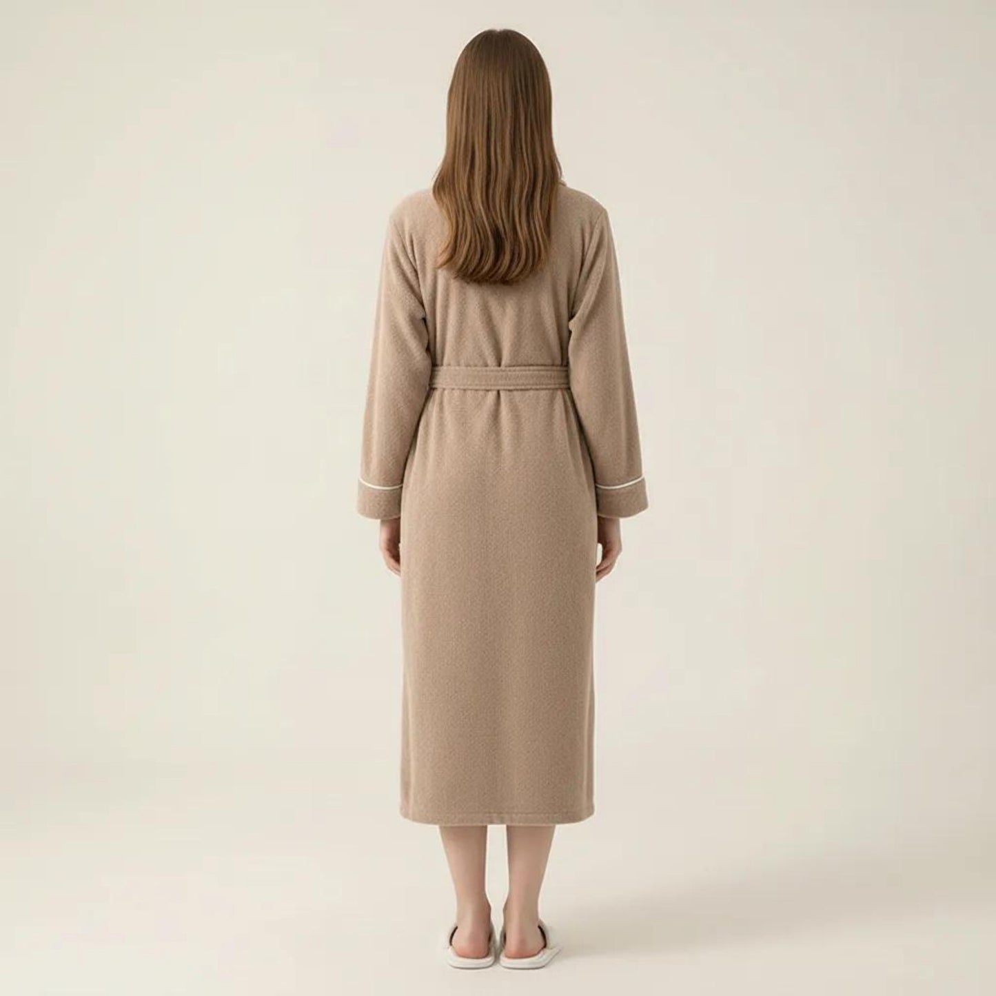 Long Plush Robe with Shawl Collar Tie Waist Belt Front Pockets Soft Fleece Robe