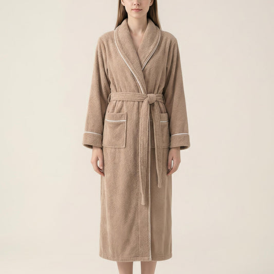 Long Plush Robe with Shawl Collar Tie Waist Belt Front Pockets Soft Fleece Robe