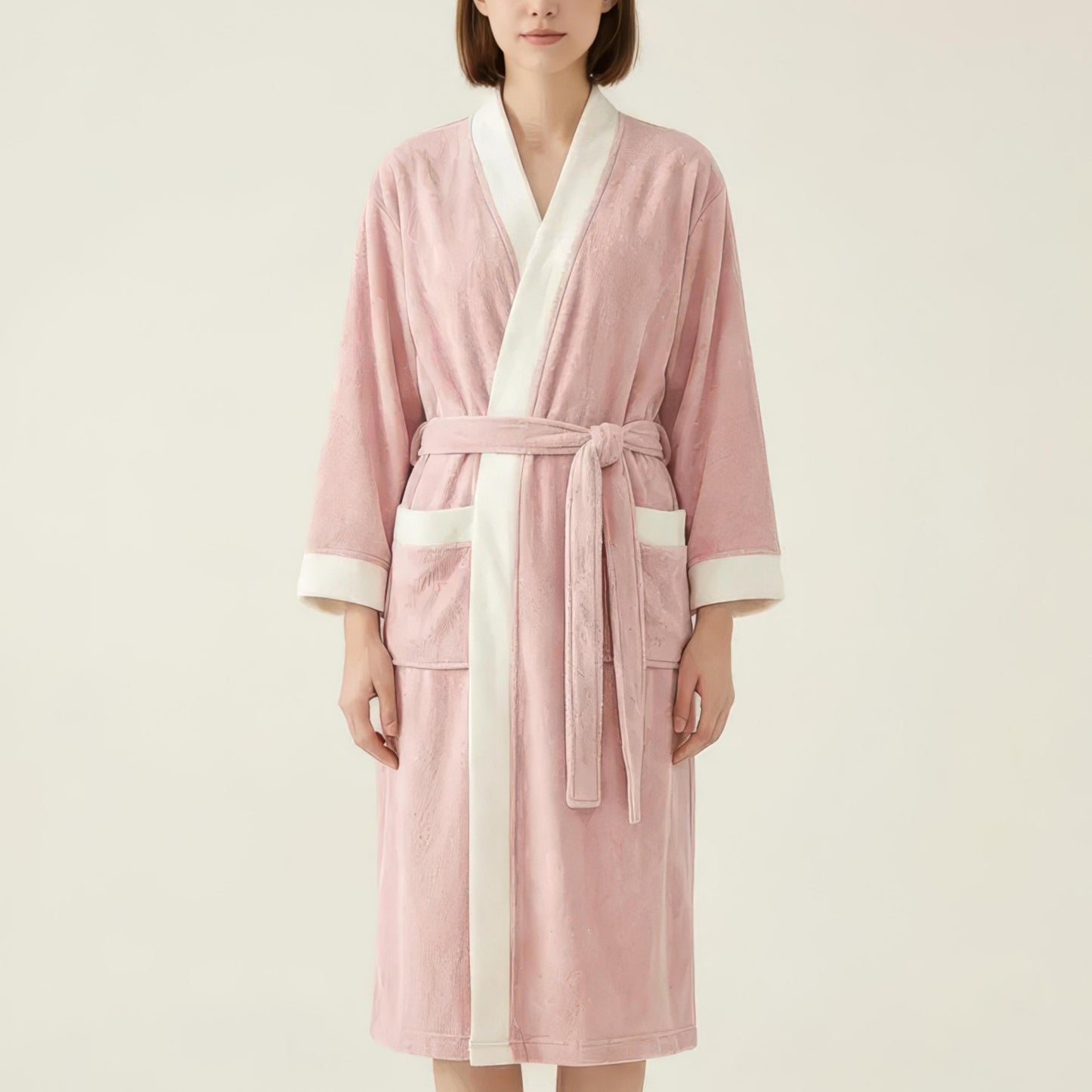 Long Plush Robe with Contrast Trim Tie Waist Belt Front Pockets Soft Fleece Robe