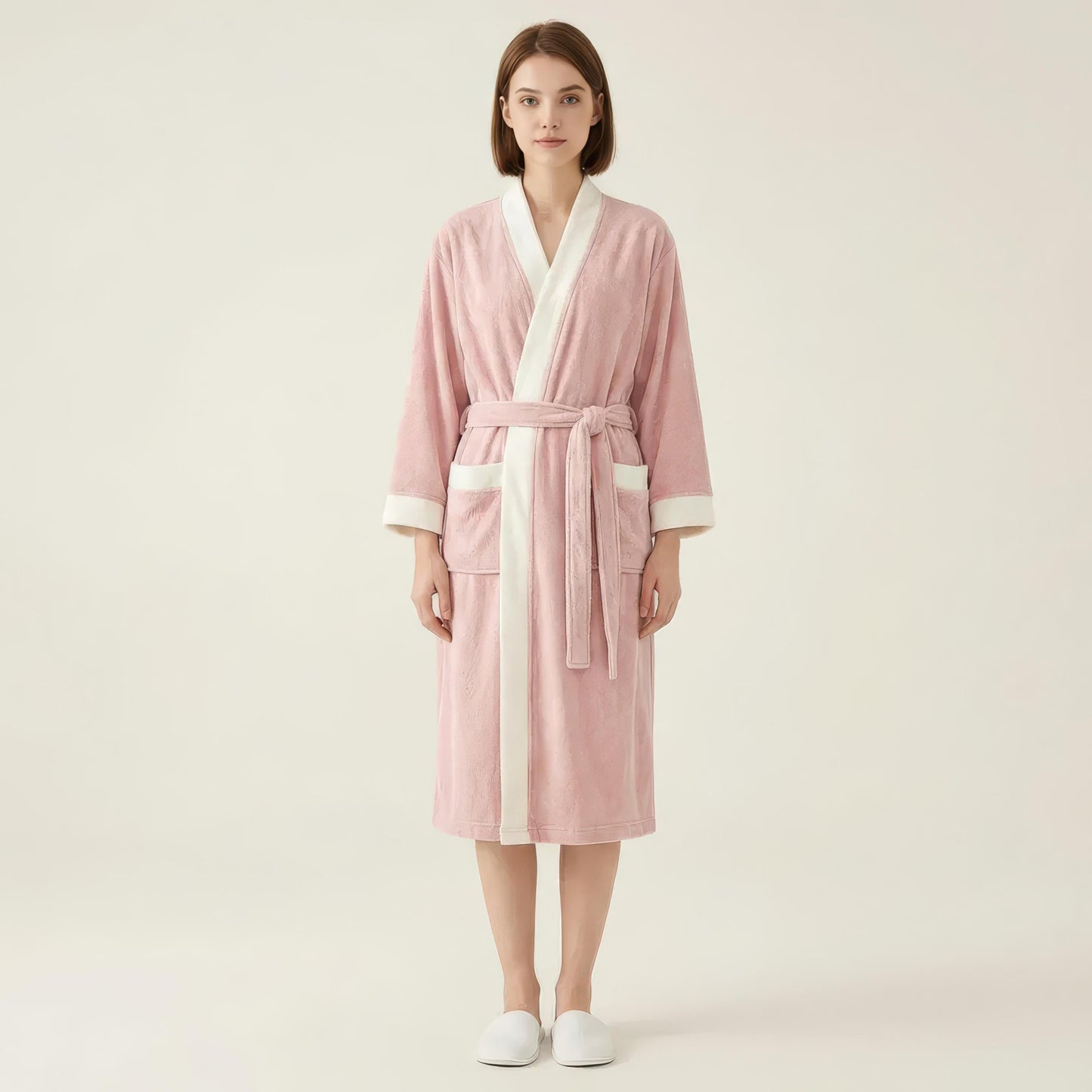 Long Plush Robe with Contrast Trim Tie Waist Belt Front Pockets Soft Fleece Robe