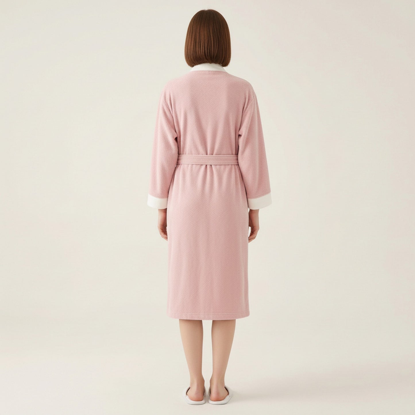 Long Plush Robe with Contrast Trim Tie Waist Belt Front Pockets Soft Fleece Robe