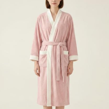 Long Plush Robe with Contrast Trim Tie Waist Belt Front Pockets Soft Fleece Robe