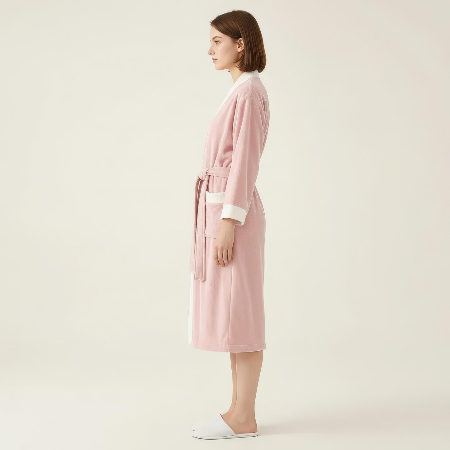 Long Plush Robe with Contrast Trim Tie Waist Belt Front Pockets Soft Fleece Robe