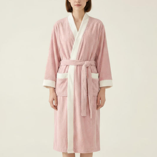Long Plush Robe with Contrast Trim Tie Waist Belt Front Pockets Soft Fleece Robe