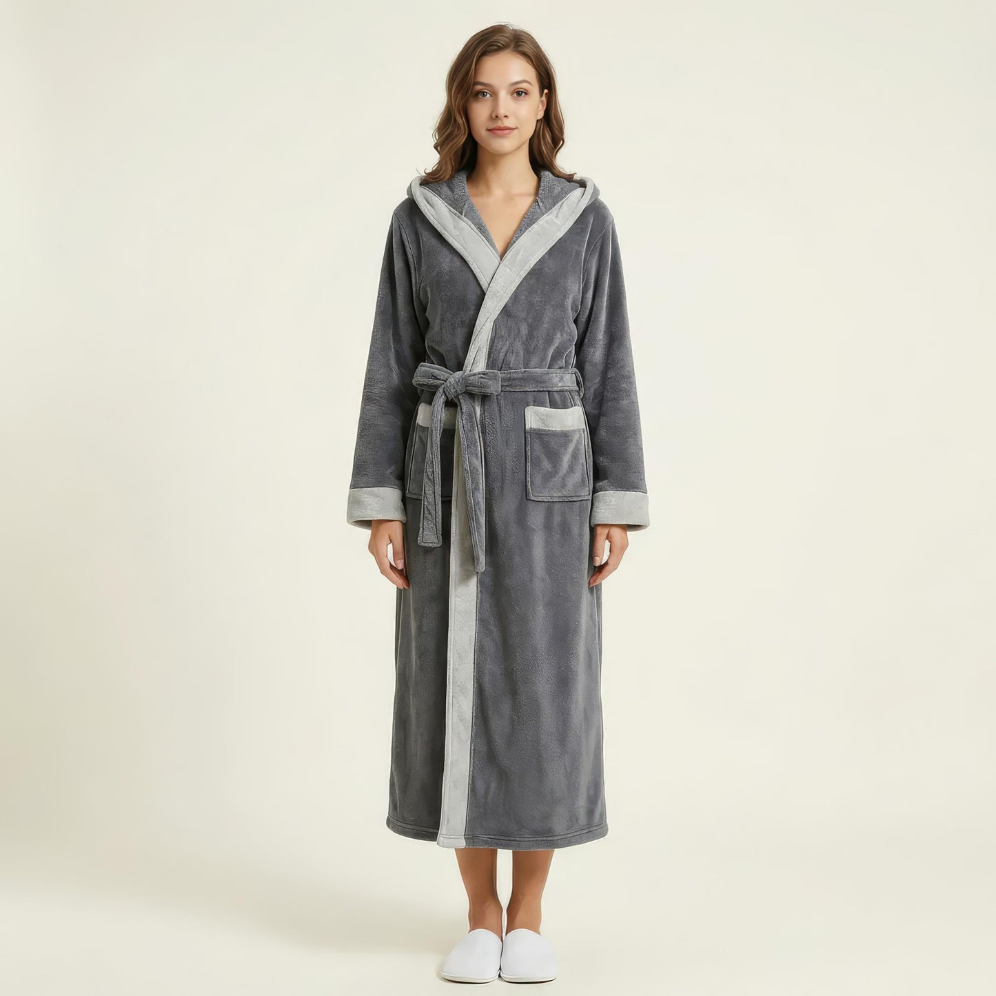 Long Plush Hooded Robe with Contrast Trim Tie Waist Belt Front Pockets Soft Fleece Robe