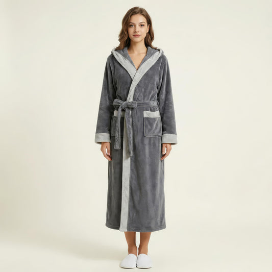 Long Plush Hooded Robe with Contrast Trim Tie Waist Belt Front Pockets Soft Fleece Robe