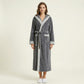 Long Plush Hooded Robe with Contrast Trim Tie Waist Belt Front Pockets Soft Fleece Robe