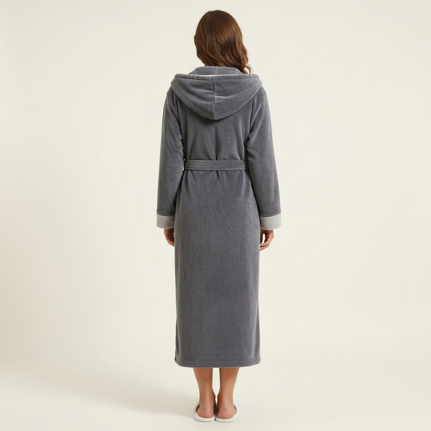 Long Plush Hooded Robe with Contrast Trim Tie Waist Belt Front Pockets Soft Fleece Robe