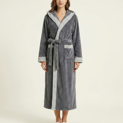 Long Plush Hooded Robe with Contrast Trim Tie Waist Belt Front Pockets Soft Fleece Robe