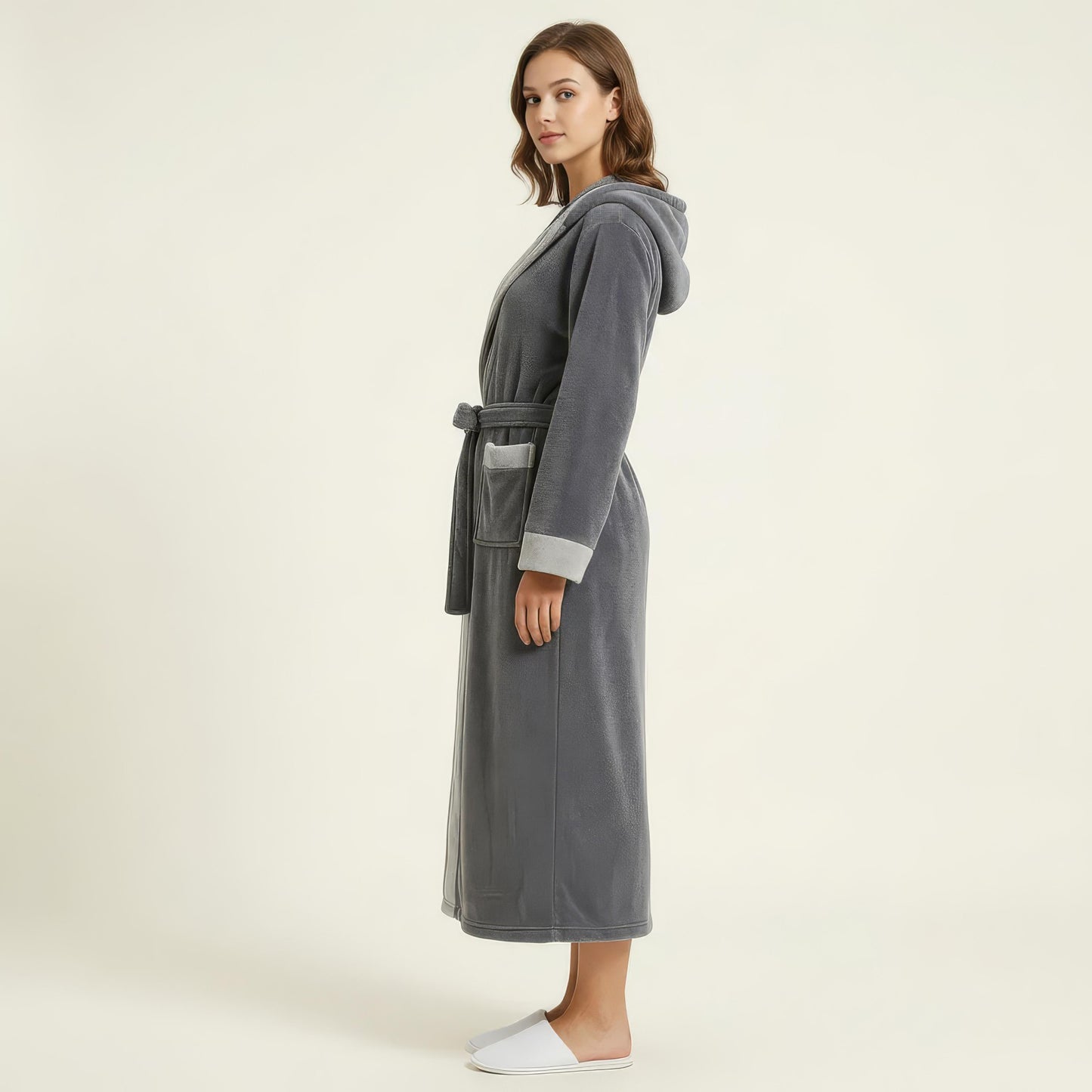 Long Plush Hooded Robe with Contrast Trim Tie Waist Belt Front Pockets Soft Fleece Robe
