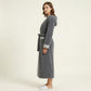Long Plush Hooded Robe with Contrast Trim Tie Waist Belt Front Pockets Soft Fleece Robe