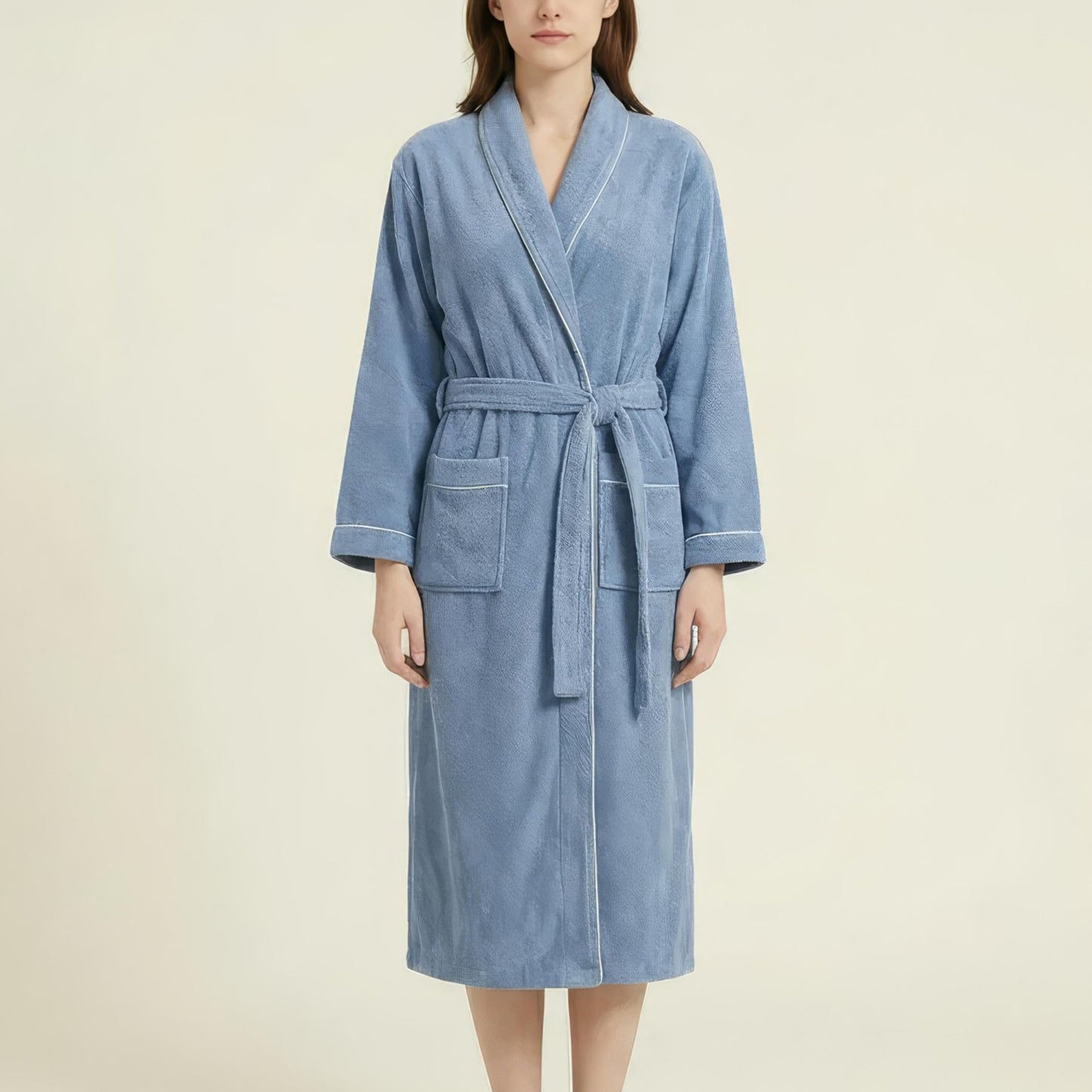 Long Plush Robe with Shawl Collar Tie Waist Belt Front Pockets Soft Fleece Robe