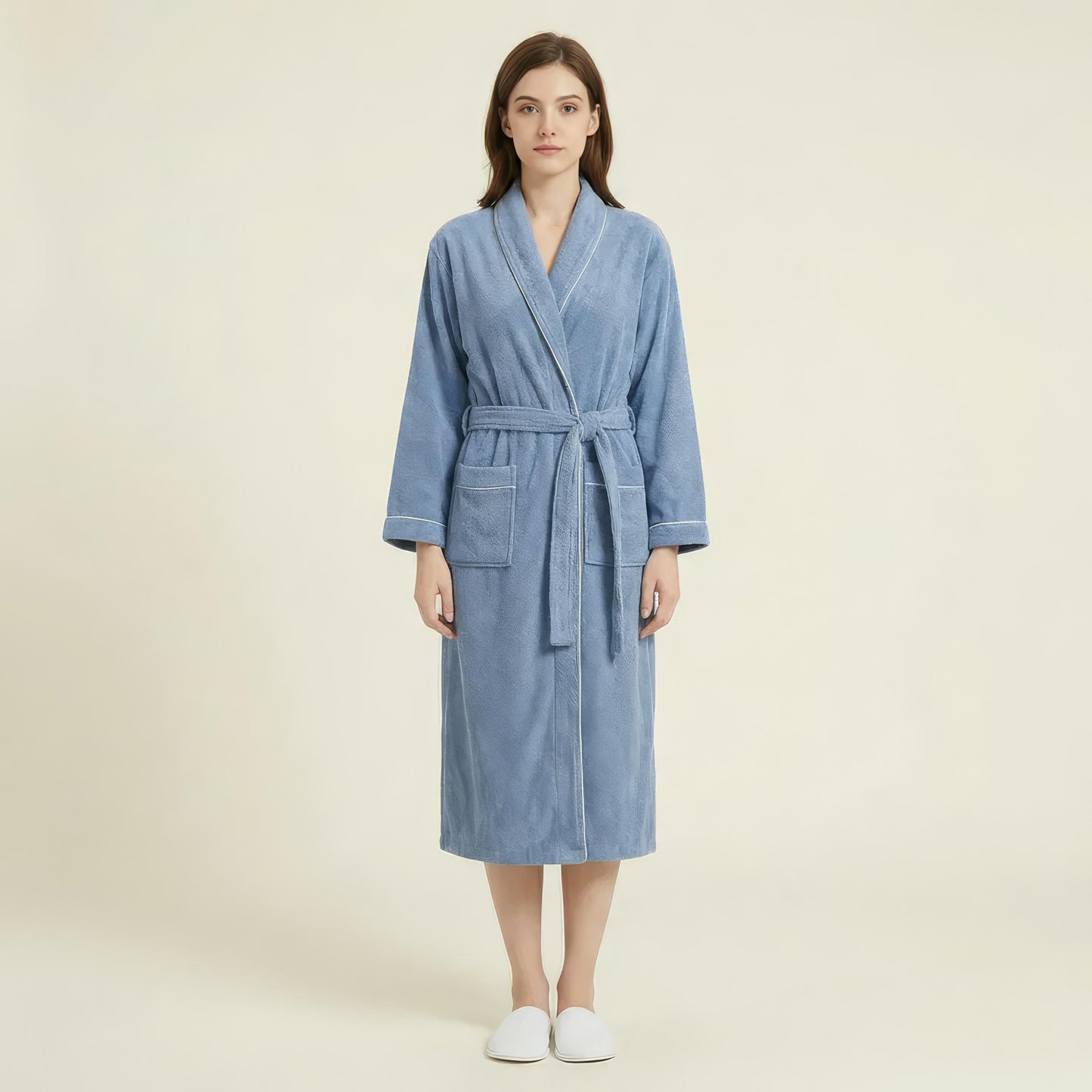 Long Plush Robe with Shawl Collar Tie Waist Belt Front Pockets Soft Fleece Robe
