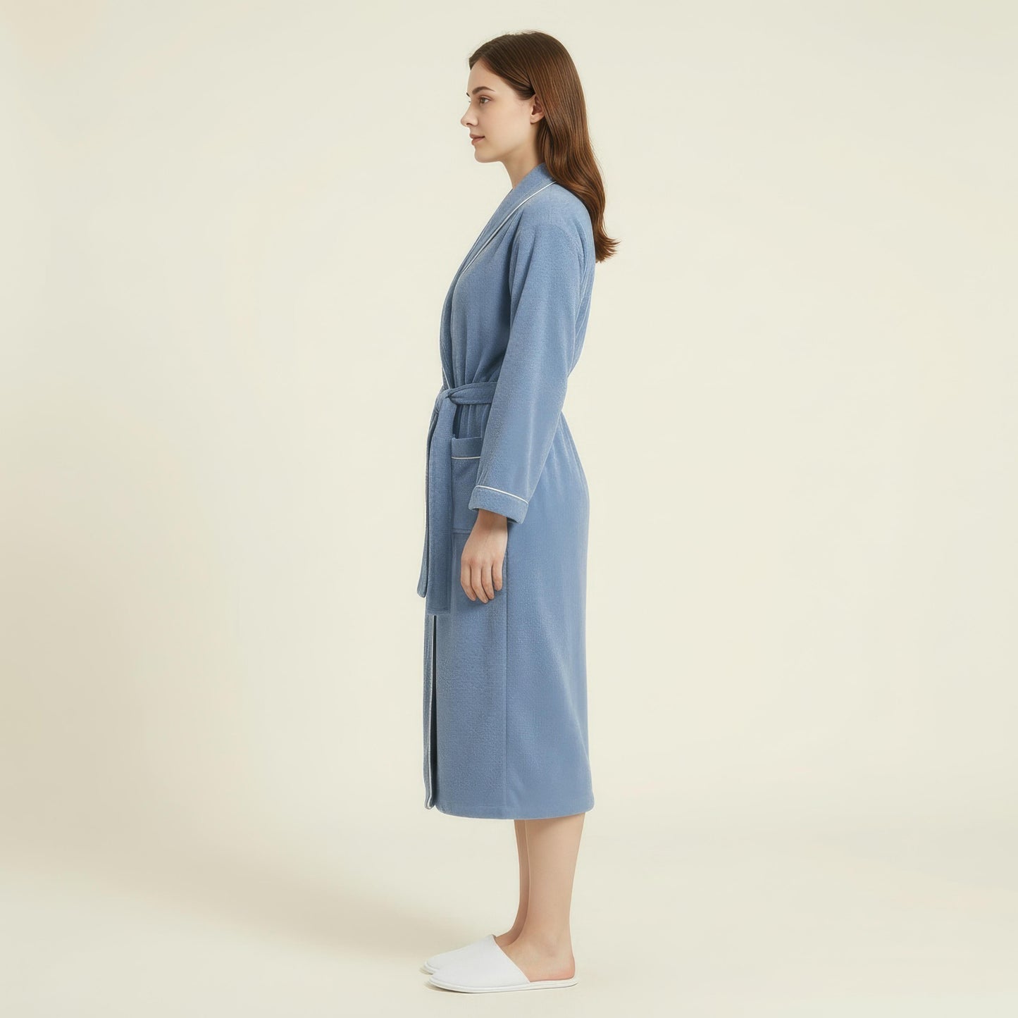 Long Plush Robe with Shawl Collar Tie Waist Belt Front Pockets Soft Fleece Robe