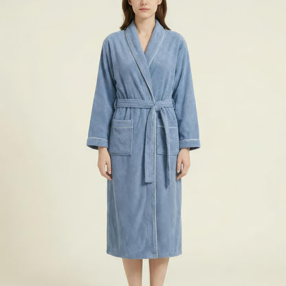 Long Plush Robe with Shawl Collar Tie Waist Belt Front Pockets Soft Fleece Robe