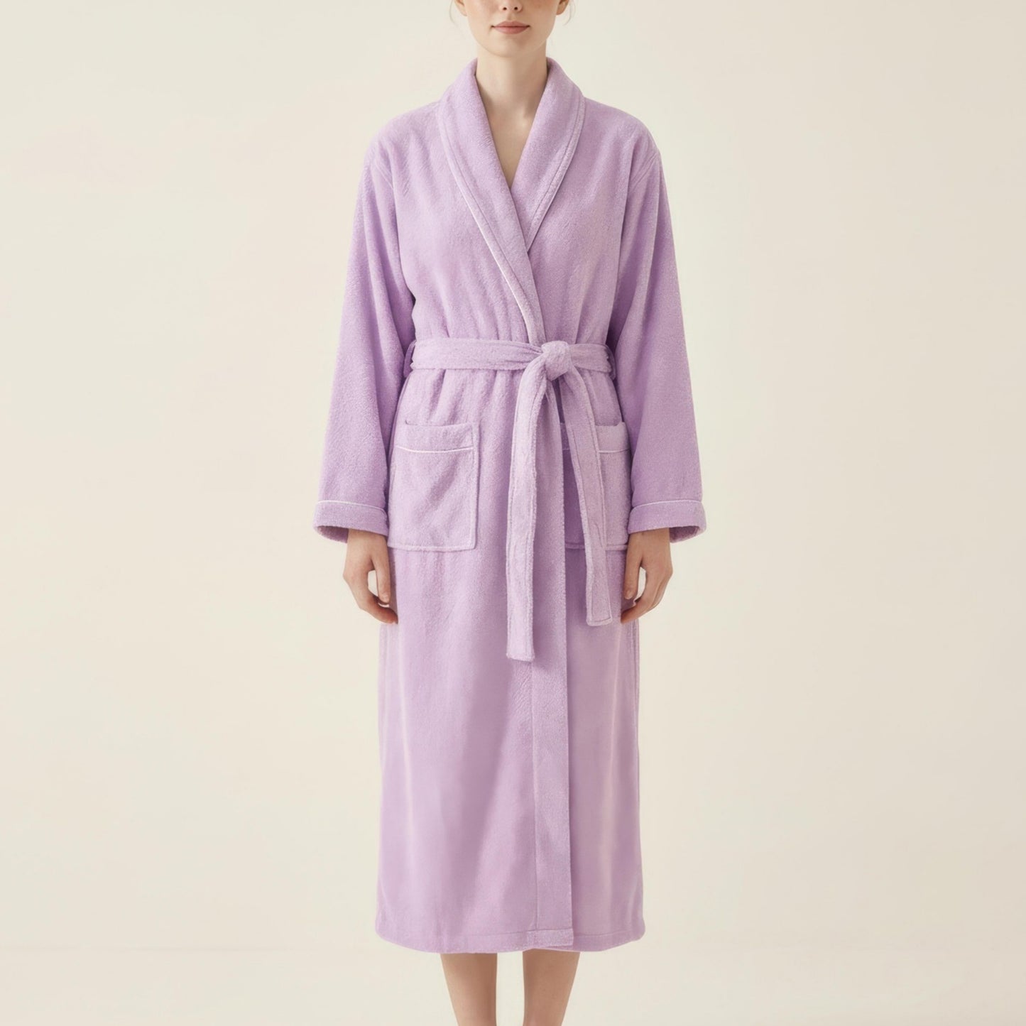 Long Plush Robe with Shawl Collar Tie Waist Belt Front Pockets Soft Fleece Robe