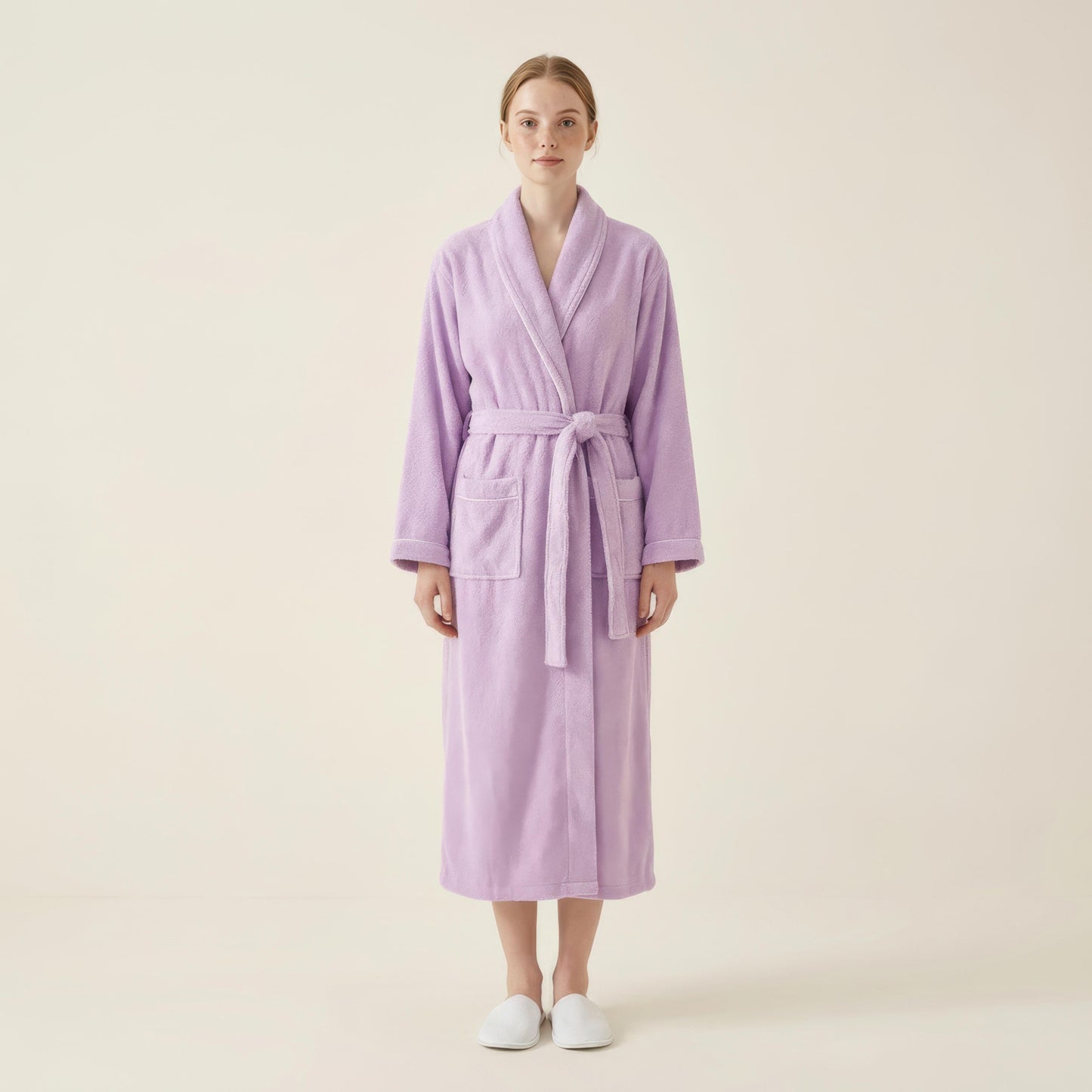 Long Plush Robe with Shawl Collar Tie Waist Belt Front Pockets Soft Fleece Robe