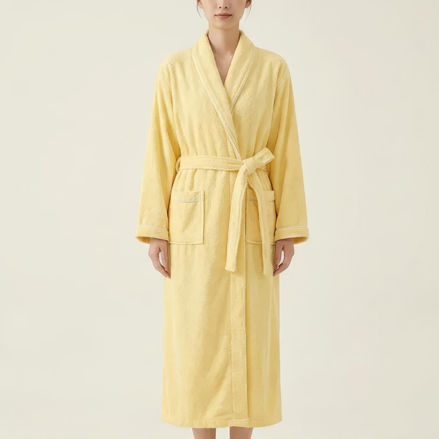 Long Plush Robe with Shawl Collar Tie Waist Belt Front Pockets Soft Fleece Robe
