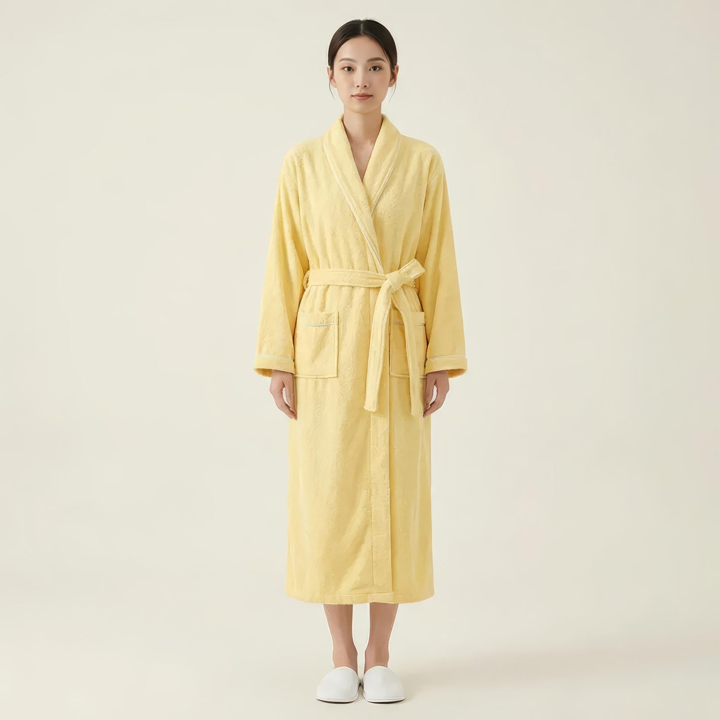Long Plush Robe with Shawl Collar Tie Waist Belt Front Pockets Soft Fleece Robe