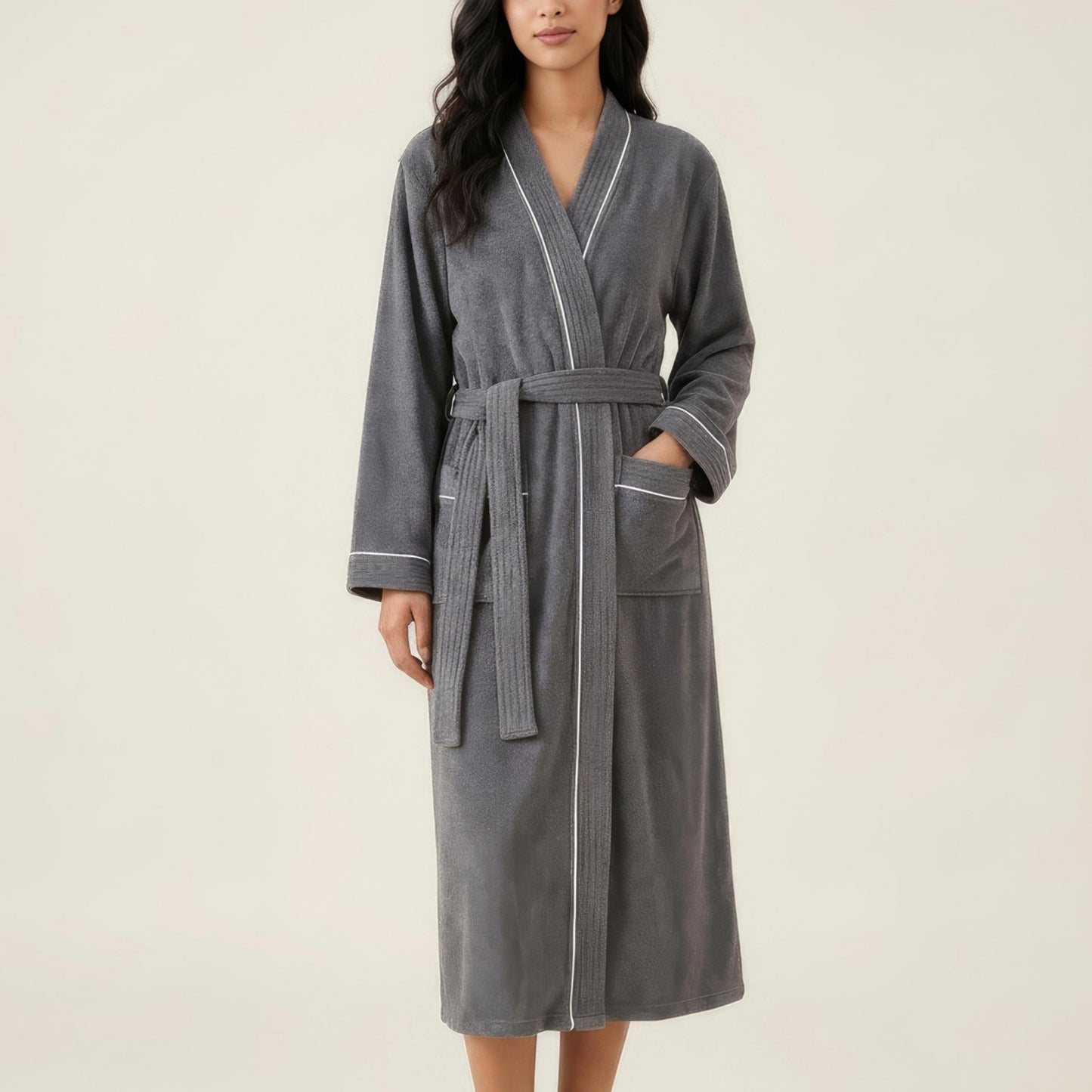 Long Lightweight Robe with Contrast Trim Tie Waist Belt Front Pockets Soft Robe