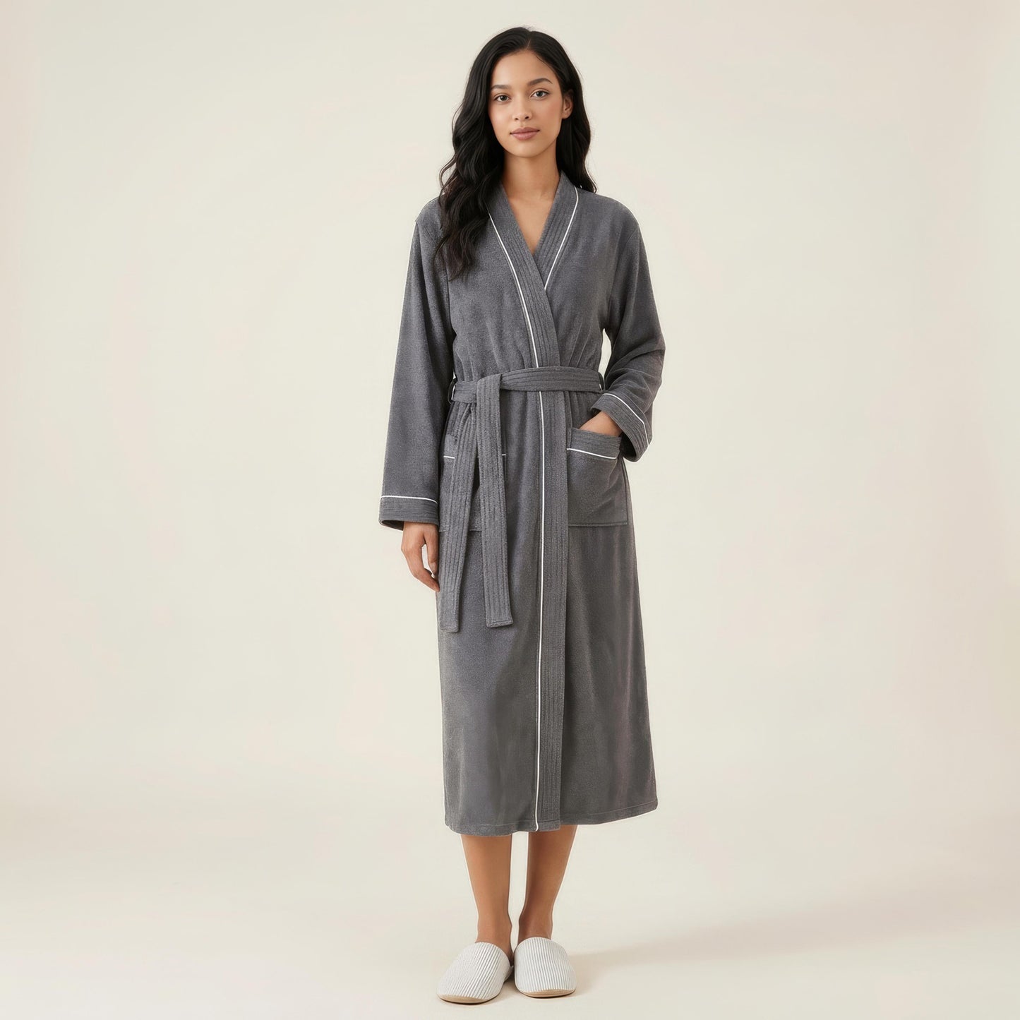 Long Lightweight Robe with Contrast Trim Tie Waist Belt Front Pockets Soft Robe