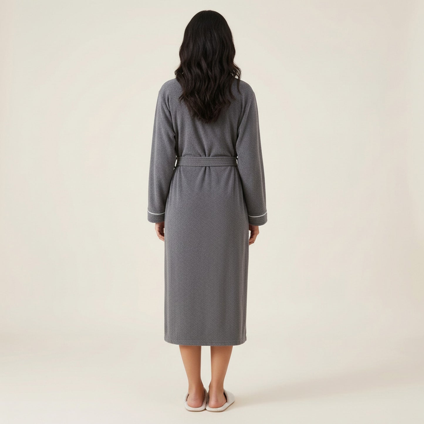 Long Lightweight Robe with Contrast Trim Tie Waist Belt Front Pockets Soft Robe
