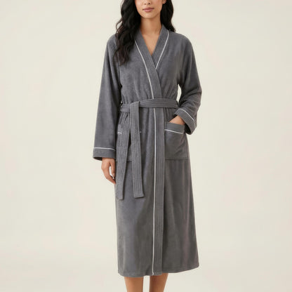 Long Lightweight Robe with Contrast Trim Tie Waist Belt Front Pockets Soft Robe