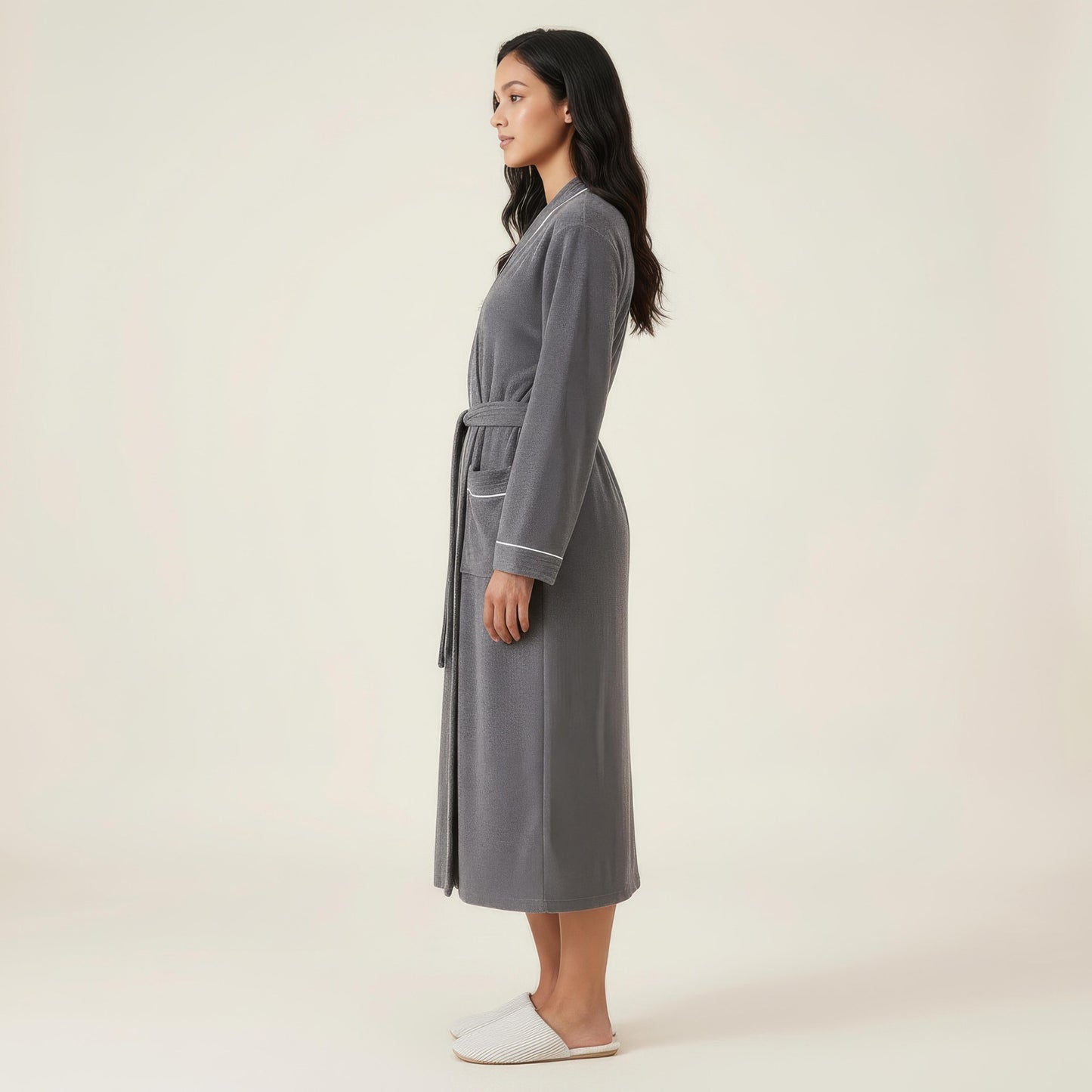 Long Lightweight Robe with Contrast Trim Tie Waist Belt Front Pockets Soft Robe