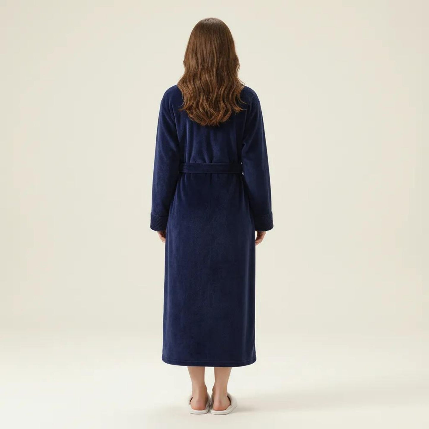 Long Plush Robe with Shawl Collar Tie Waist Belt Front Pockets Soft Fleece Robe