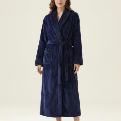Long Plush Robe with Shawl Collar Tie Waist Belt Front Pockets Soft Fleece Robe