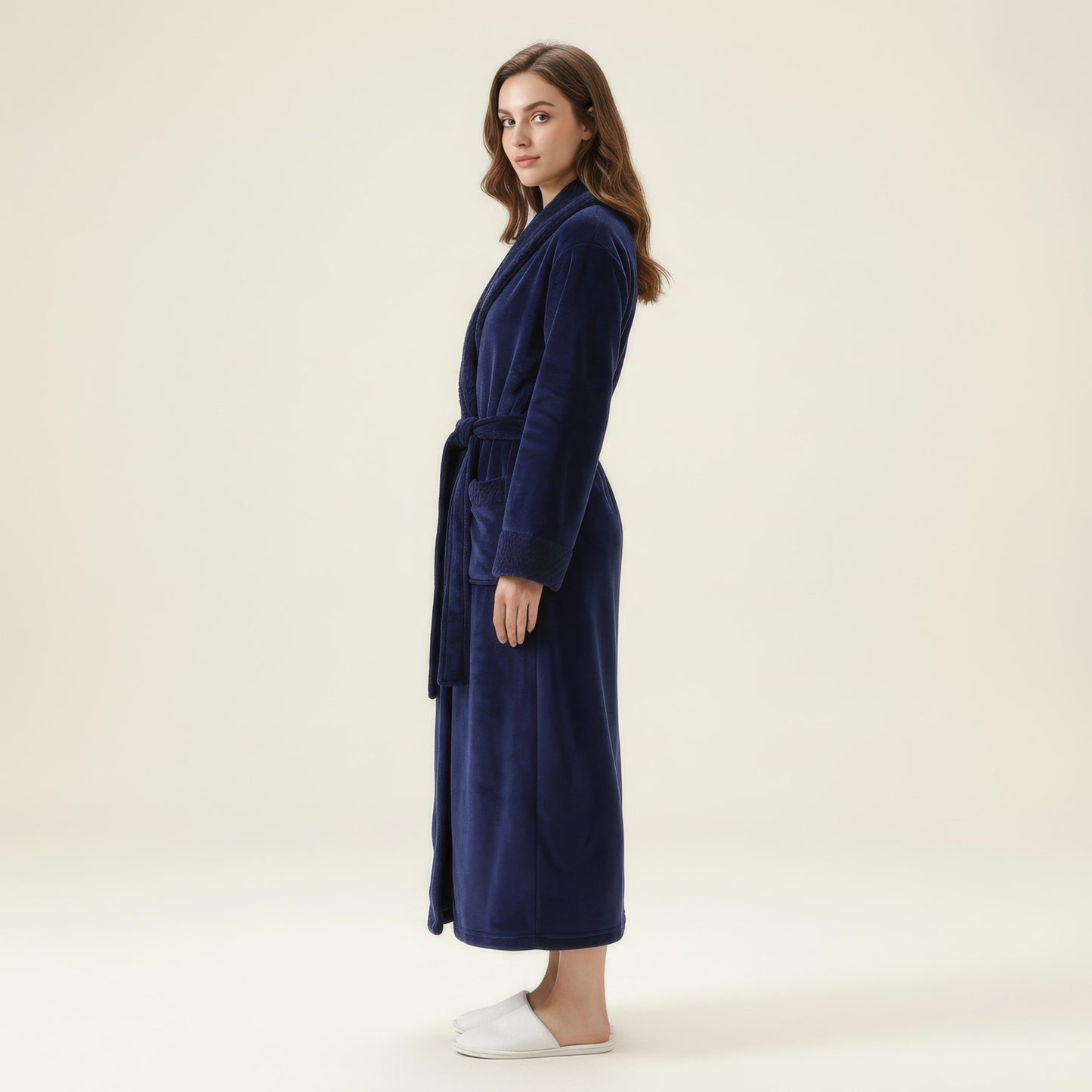 Long Plush Robe with Shawl Collar Tie Waist Belt Front Pockets Soft Fleece Robe