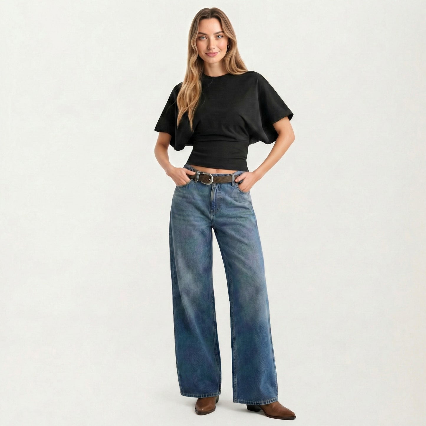 Short Sleeve Cropped Top with Wide Waistband and Relaxed Blouson Fit