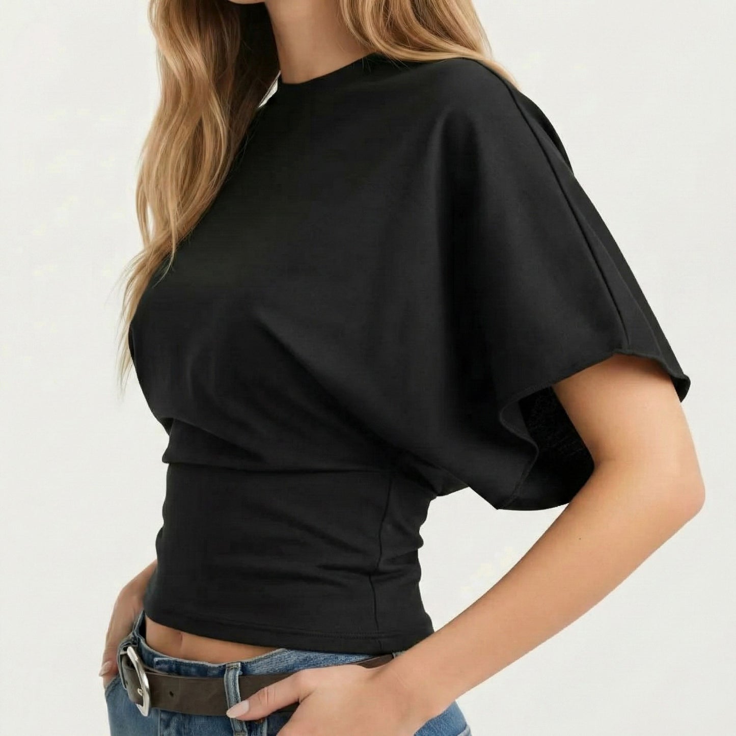 Short Sleeve Cropped Top with Wide Waistband and Relaxed Blouson Fit