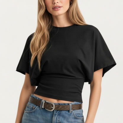 Short Sleeve Cropped Top with Wide Waistband and Relaxed Blouson Fit