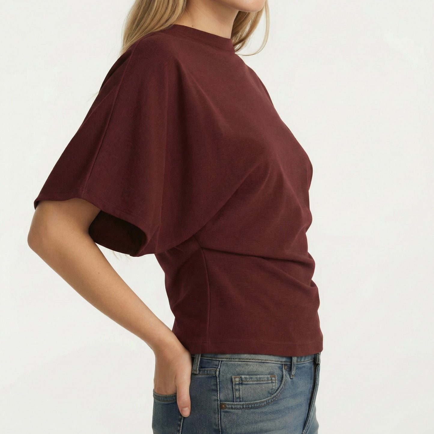 Short Sleeve Cropped Top with Wide Waistband and Relaxed Blouson Fit