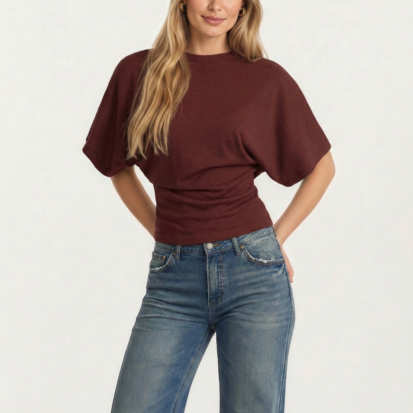 Short Sleeve Cropped Top with Wide Waistband and Relaxed Blouson Fit