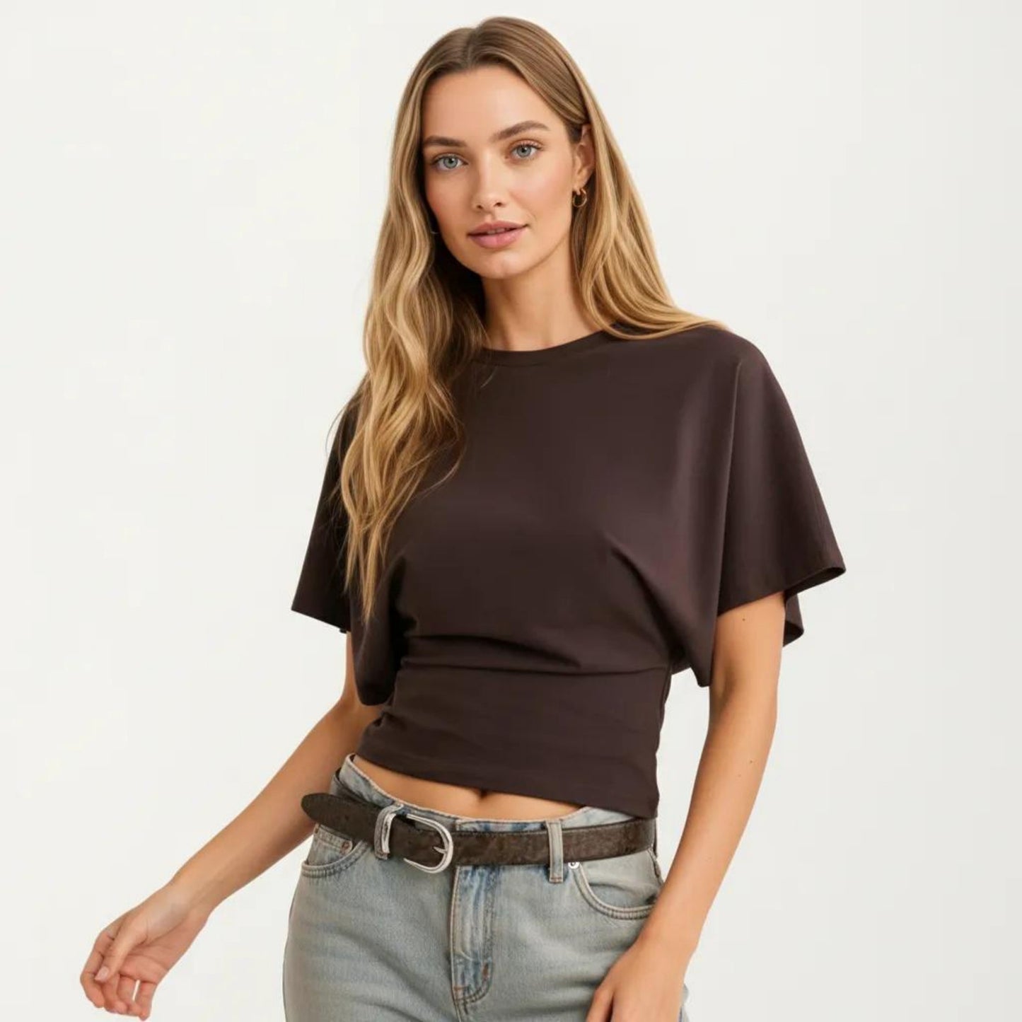 Short Sleeve Cropped Top with Wide Waistband and Relaxed Draped Fit